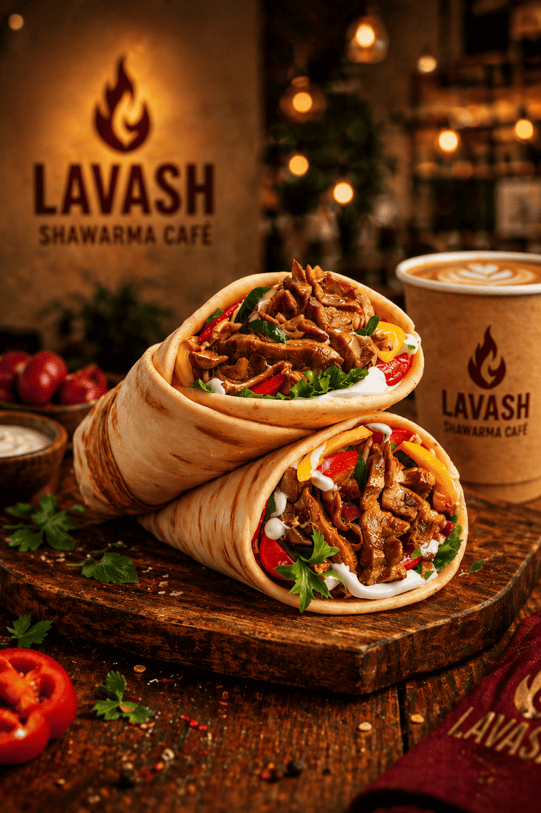 Premium shawarma wrap and coffee Lavash Shawarma Cafe California halal street food